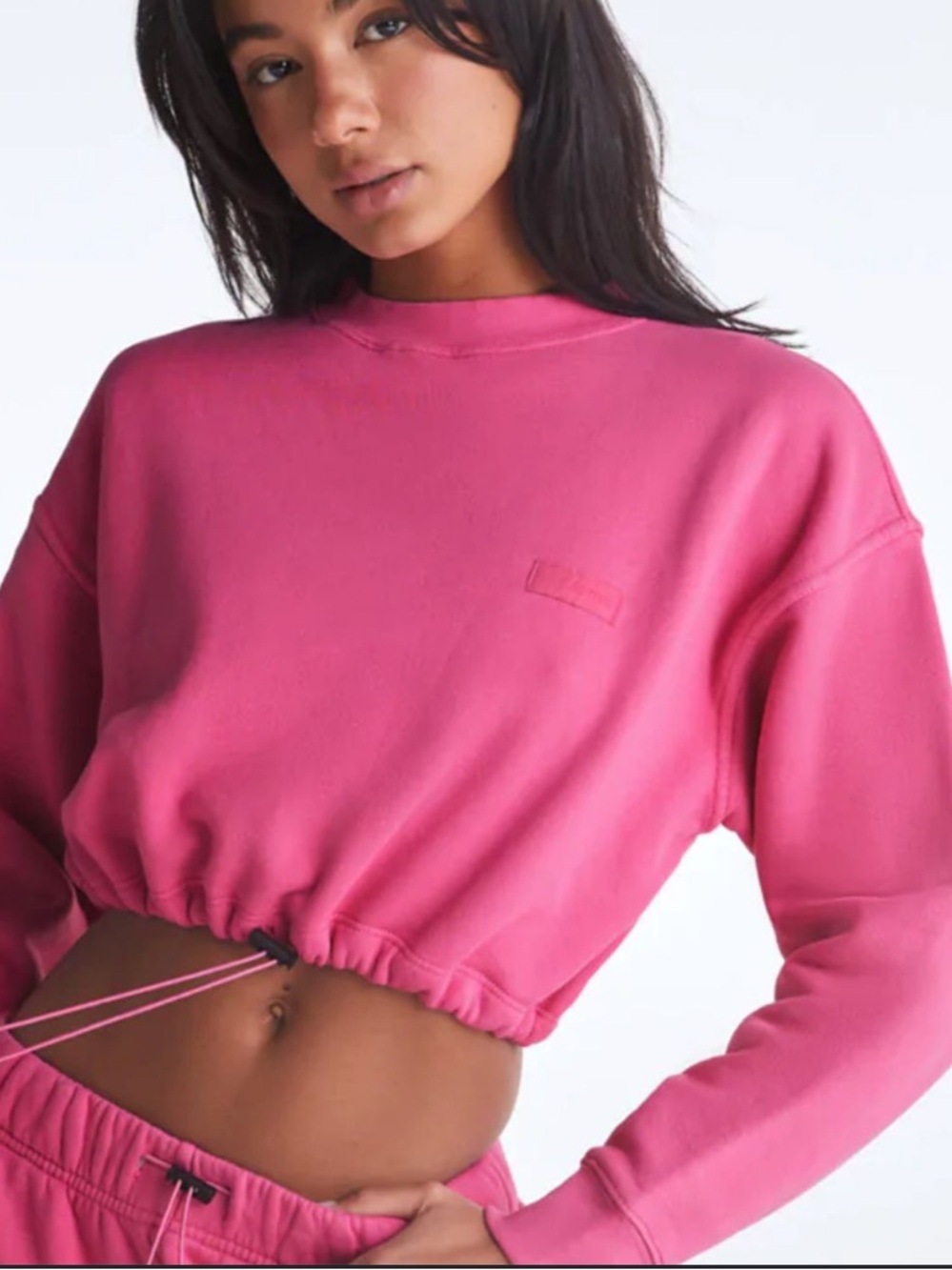 SET ACTIVE Midweight Sweats Crop Crewneck Drawstring Hem Pink S Cotton